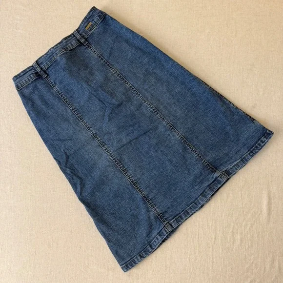 Esteez Women Blue Denim Button Front Midi Skirt A-Line Stretch Size 4 - Picture 8 of 10